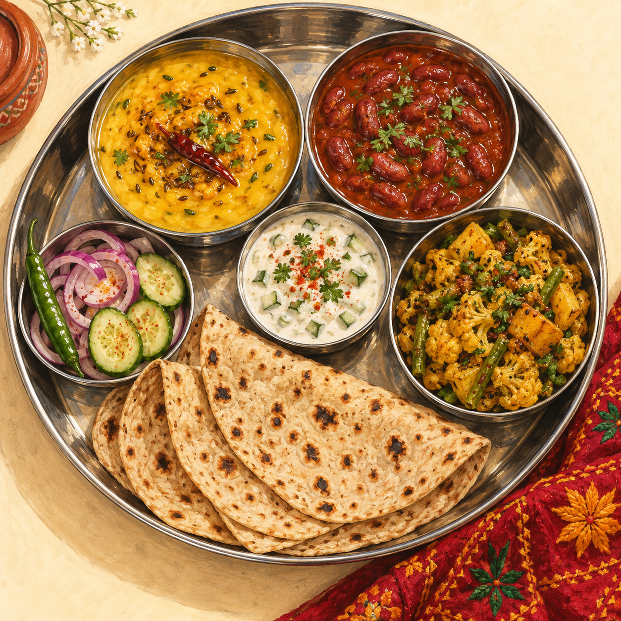 Illustration of a Punjabi vegetarian thali with dal, rajma, sabzi, roti and raita